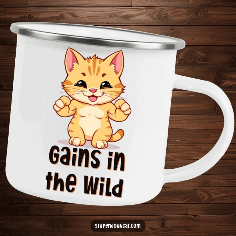 Funny camping mug featuring a strong cat cub flexing its tiny muscles, ready for outdoor fun and humor.