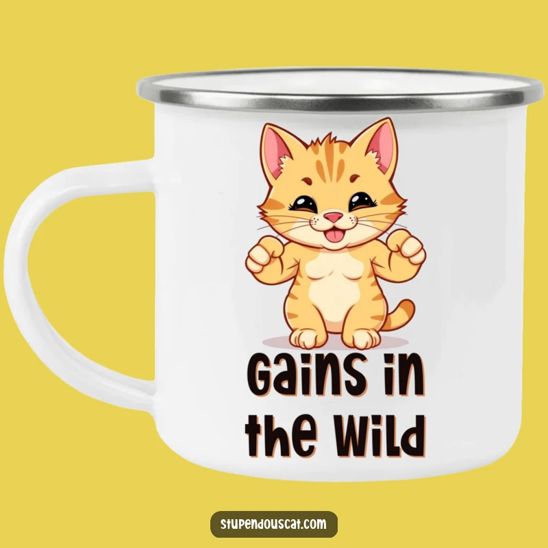 Funny Strong Cat Cub Flexing Muscles Camping Mug - Adventure Ready and Hilarious