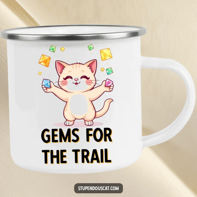 Funny cat juggling gems camping mug, a cat skillfully tossing colorful gemstones under the open sky, perfect for appreciating nature's treasures.