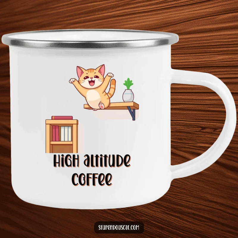 Funny cat camping mug showcasing a cat in mid-leap from a high shelf, perfect for outdoor enthusiasts.