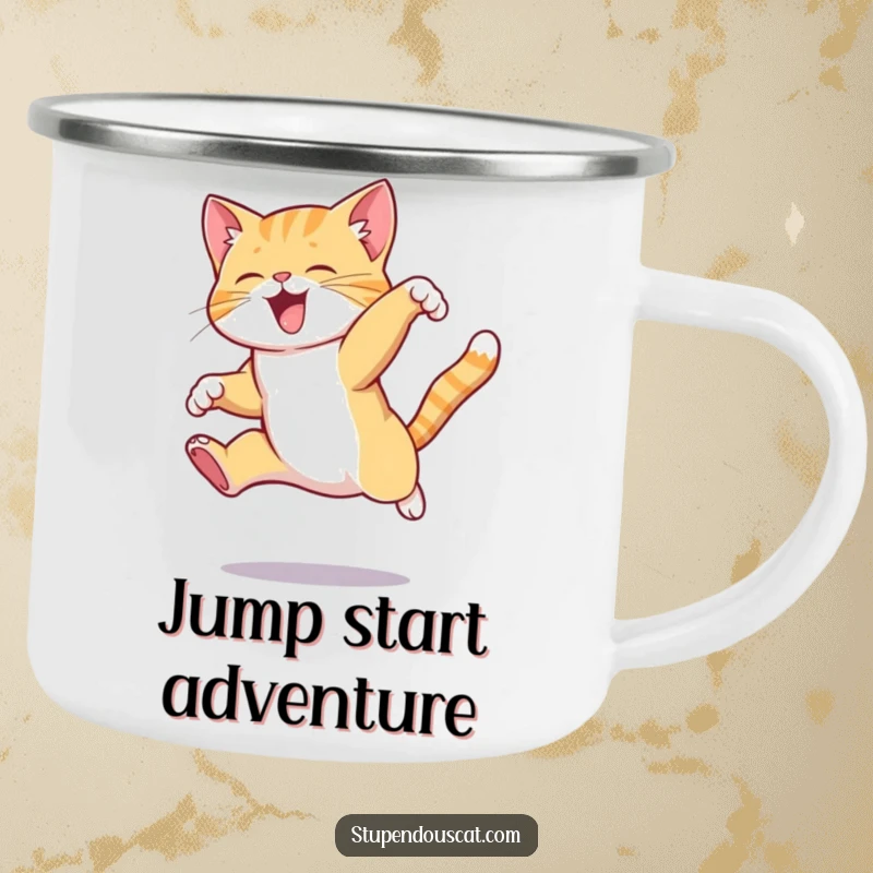 Funny cat camping mug showing a cat in mid-leap, performing a complex and elegant jump, perfect for outdoor drinks.