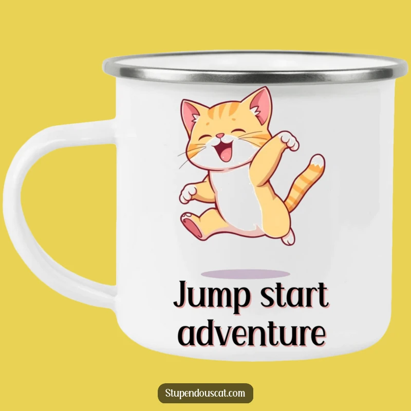 Funny Leaping Cat Camping Mug - Outdoor Action & Pet Humor Gift
