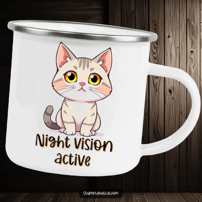 Funny camping mug with a cat with glowing eyes confidently surveying its surroundings, perfect for nighttime adventures and humor, a unique gift.