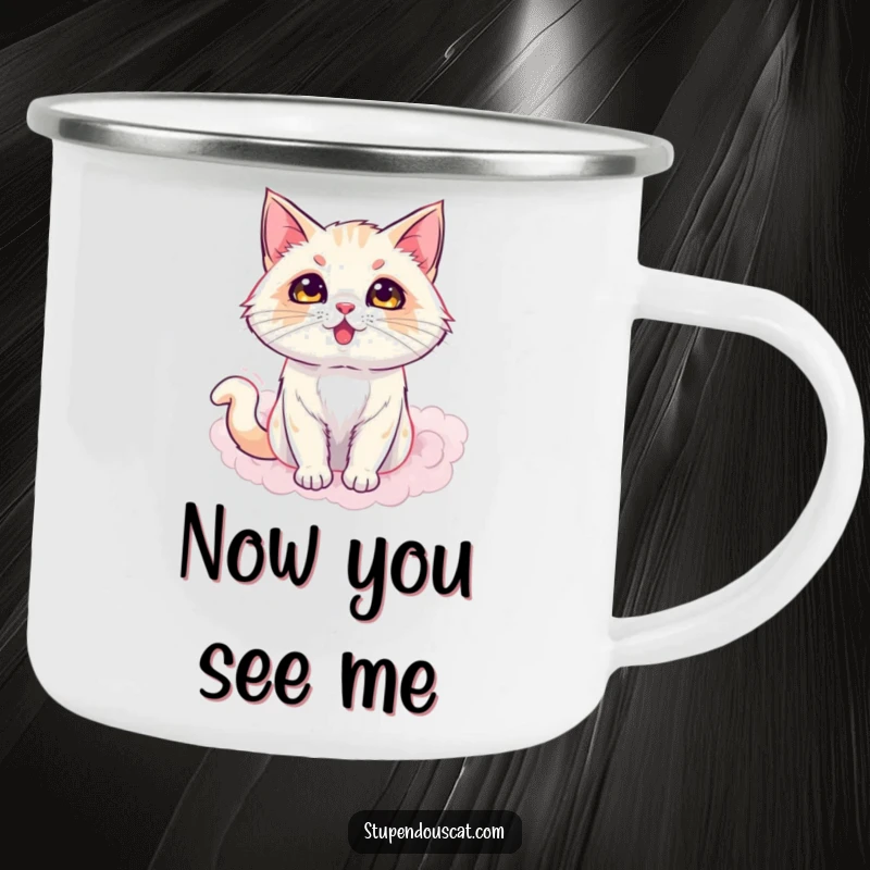 Funny camping mug showing a dazzling cat appearing from a puff of smoke, perfect for enjoying drinks amidst nature's magic, a fun gift.