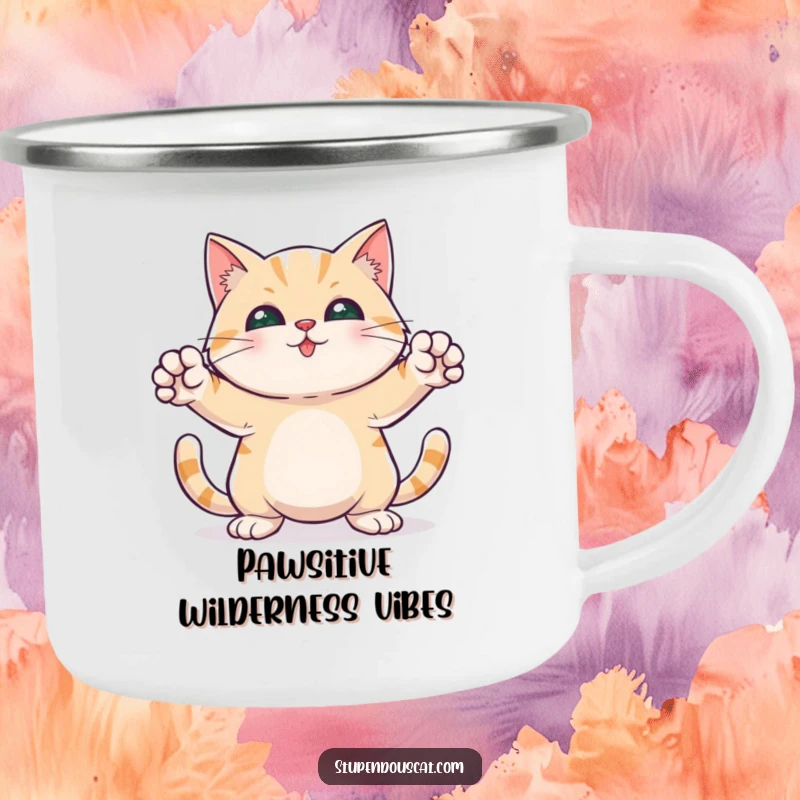 Funny camping mug of a heroic cat standing guard with front paws outstretched, ready for outdoor escapades.
