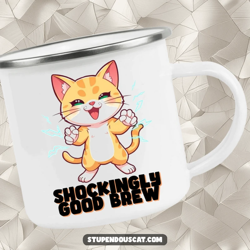 Funny camping mug showcasing a powerful cat with lightning bolts surrounding its paws, striking a dynamic pose in an outdoor setting.