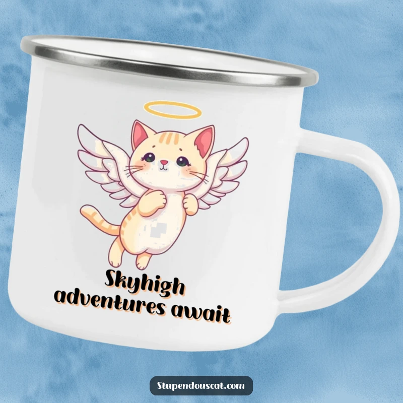 Funny angelic cat wings camping mug showing a graceful cat with wings soaring through the sky, perfect for outdoor humor.