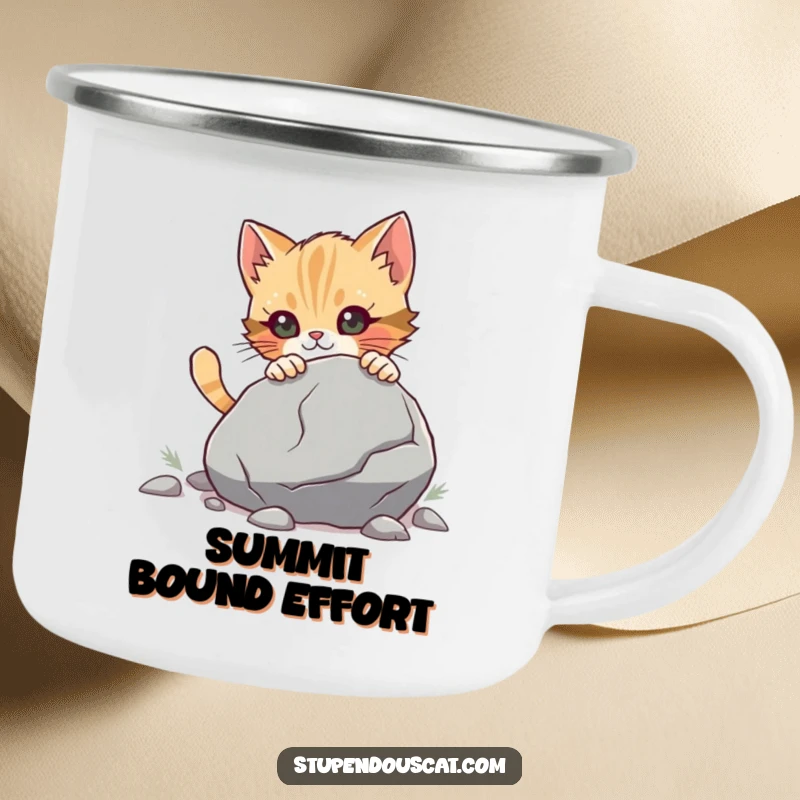 Funny Camping Mug with a determined cat cub pushing a large boulder, perfect for outdoor activities and enjoying drinks with humorous resolve.