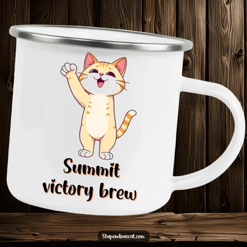 Funny Cat Camping Mug showcasing an admirable cat standing tall with an outstretched paw of triumph, ideal for celebrating wins.