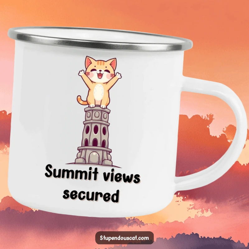 Funny Triumphant Cat Camping Mug: A rugged mug featuring a cat standing triumphantly atop a challenging, impossible structure.