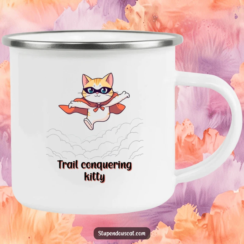 Funny camping mug showing a heroic cat in a cape leaping determinedly across a vast expanse in an outdoor setting.