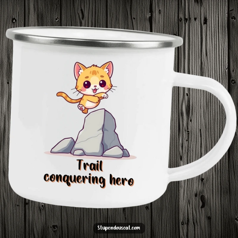 Valiant Cat Cub Leap Camping Mug: A rugged mug with a brave cat cub leaping over an obstacle, perfect for adventurous moments.