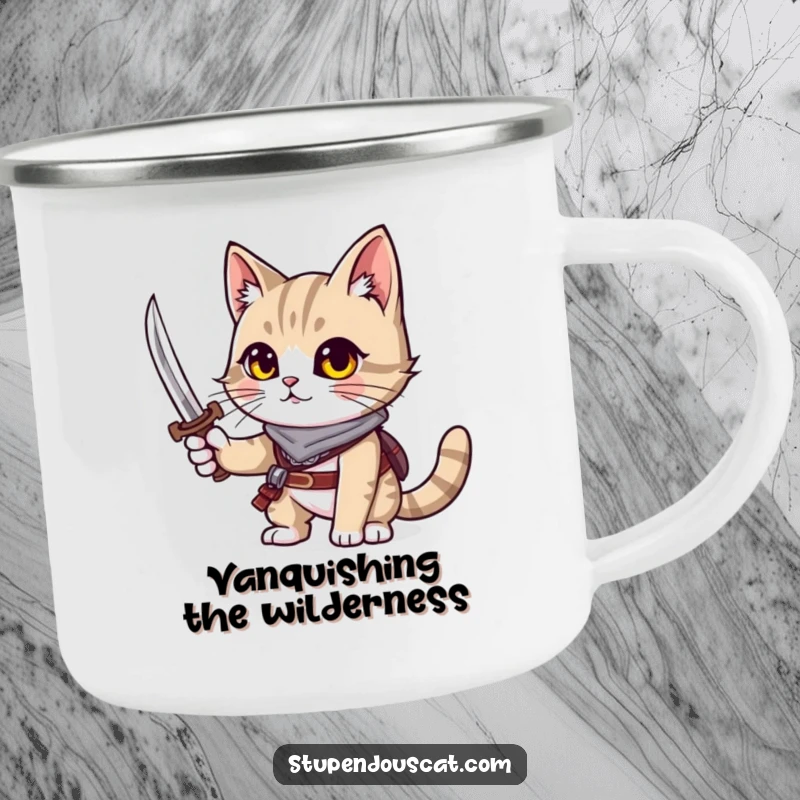 Funny cat camping mug showing a cat holding a tiny sword, ready for adventure.