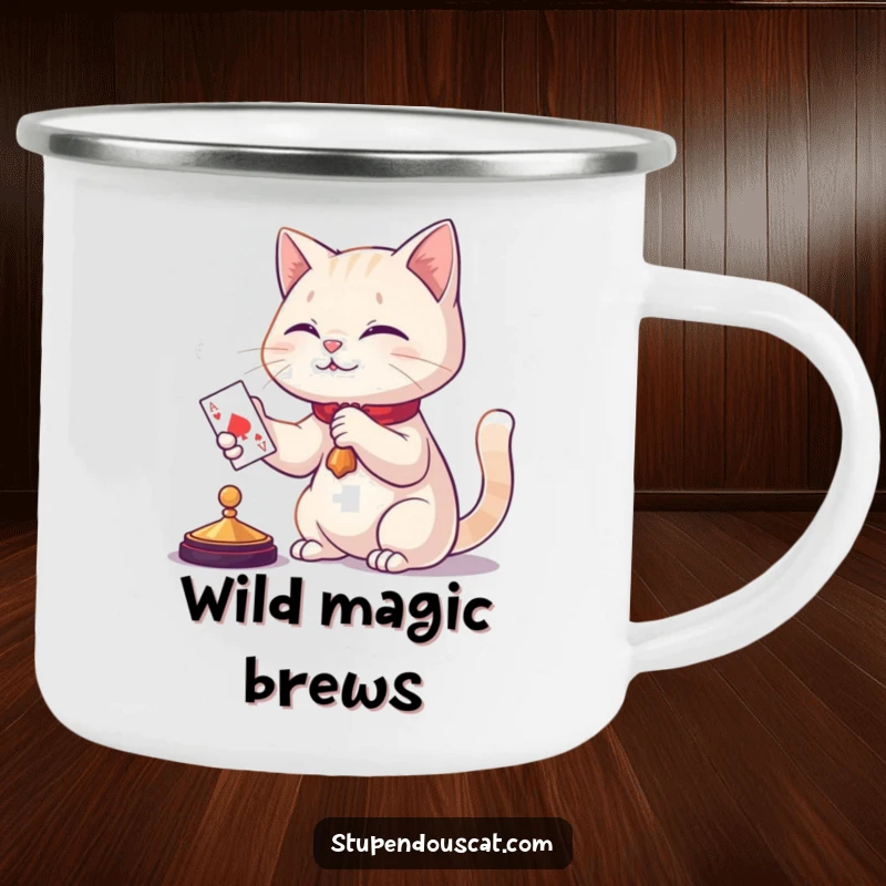 Funny cat magic camping mug, a feline illusionist conjuring a playing card under the stars, perfect for outdoor magic moments.