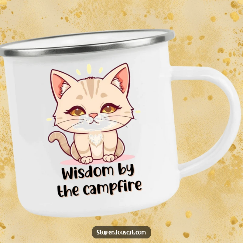 Funny wise cat aura camping mug showing a cat with a glowing aura, radiating calm wisdom for outdoor enjoyment.