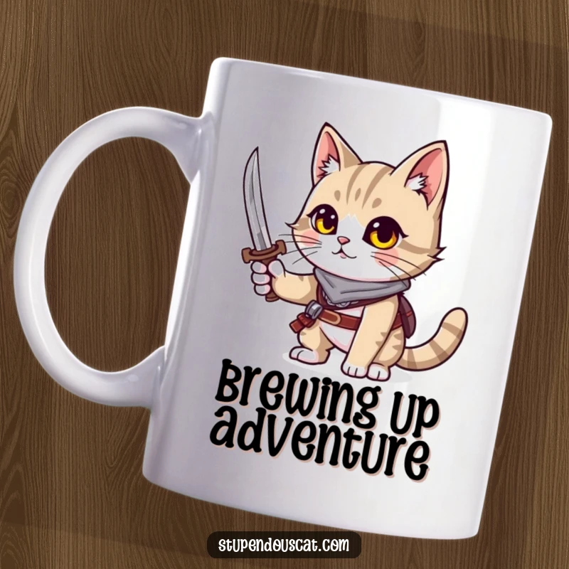 Funny cat mug showing a brave cat with an adventurous spirit, holding a tiny sword.