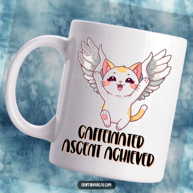 Funny Mug depicting a triumphant cat with large, majestic wings unfurled, soaring high against a sky background, embodying freedom and success.