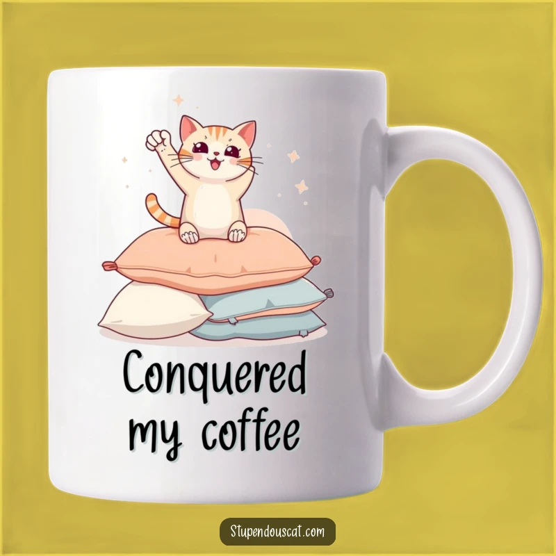 Funny Heroic Cat Pillow Pose Mug - Hilarious Victorious Feline Gift for Cat Lovers