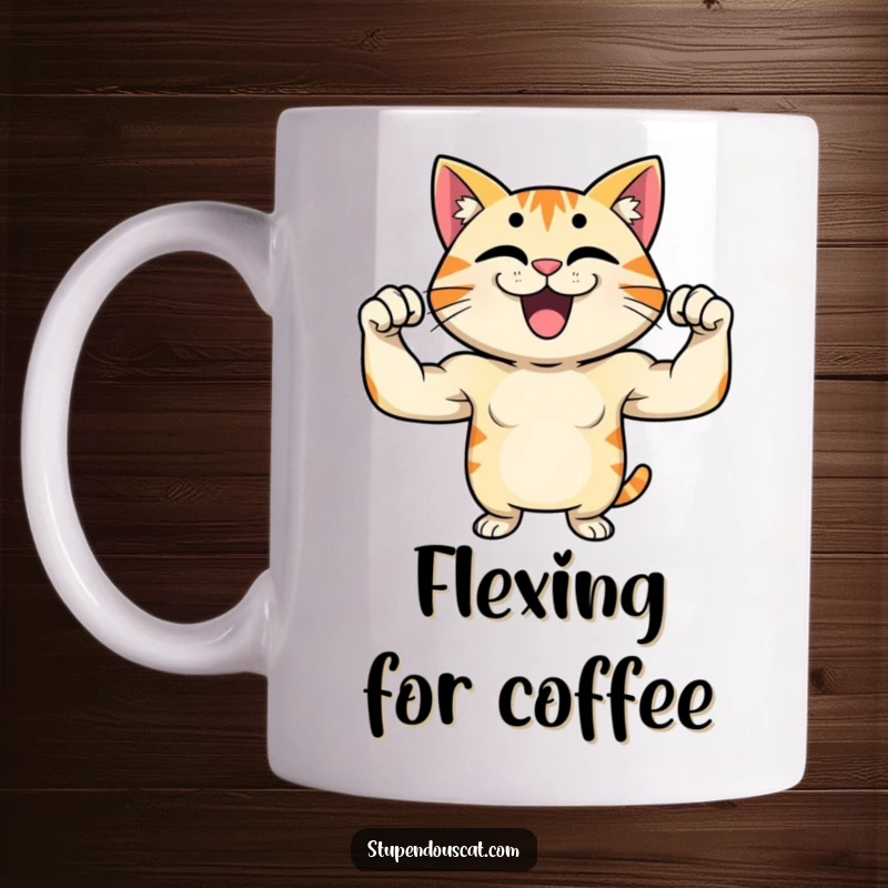 Funny mug showing a proud cat character flexing its muscles with a wide, confident grin, embodying strength and humor.