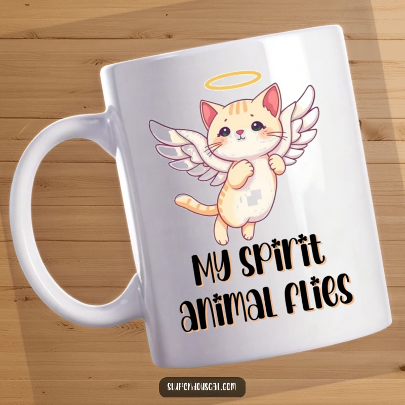 Funny angelic cat wings mug showing a cat with white feathered wings, gracefully gliding through a serene sky, pure delight.