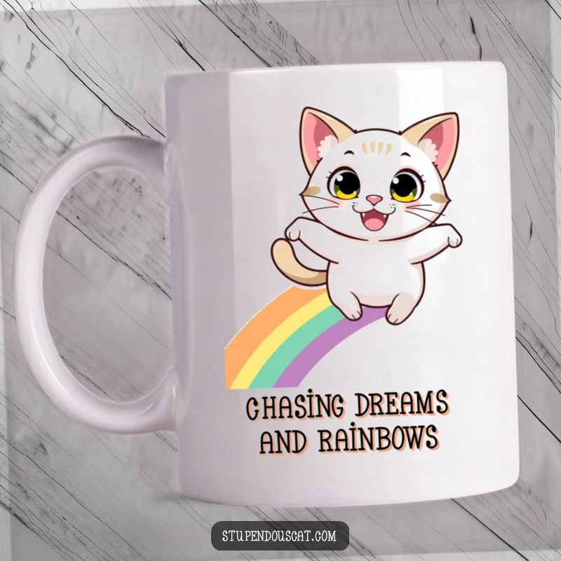 Funny mug: Energetic eyed cat with a wide grin joyfully leaping over a vibrant rainbow, radiating happiness.