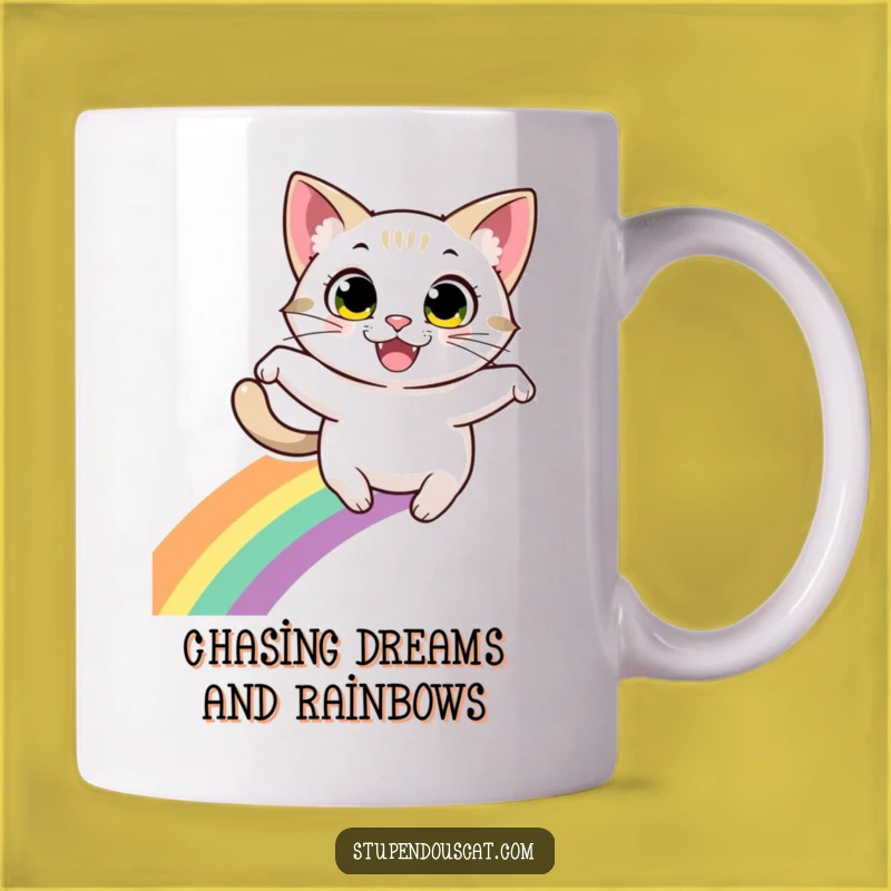 Funny Cat Leaping Rainbow Mug: Energetic Eyes, Grinning Feline - Perfect Funny Gift