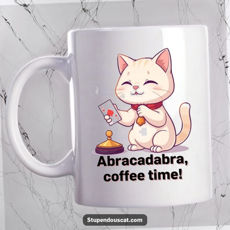 Funny cat magician mug, performing a card trick with a playing card appearing like magic, showcasing feline skill and humor.