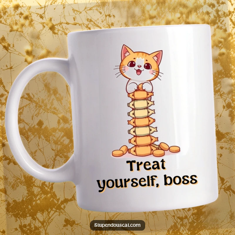 Funny Mug: A cat intensely focuses on balancing a ridiculously tall tower of fish treats without dropping any.