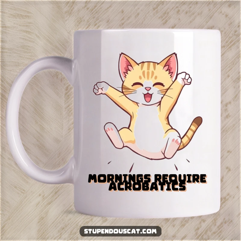 Funny Mug showing a dynamic cat cub performing a spectacular mid-air flip, capturing movement and adventurous humor.
