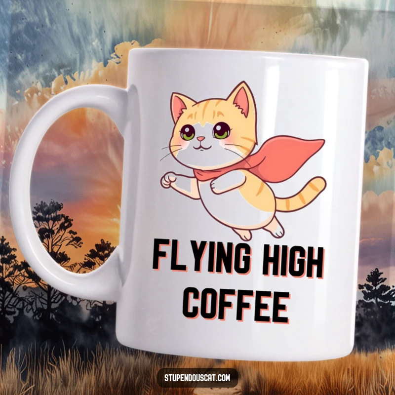Funny Mug: A brave cat wearing a small cape is hilariously soaring through the air with determined excitement.