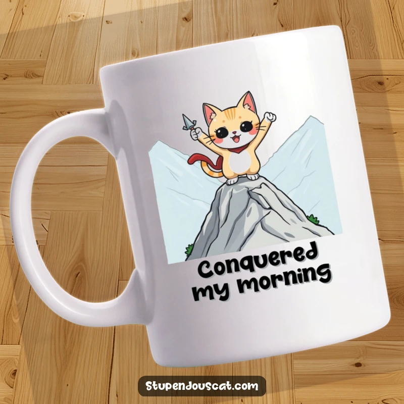 Funny mug showing a brave cat character striking a heroic pose atop a majestic mountaintop, embodying adventure and courage.