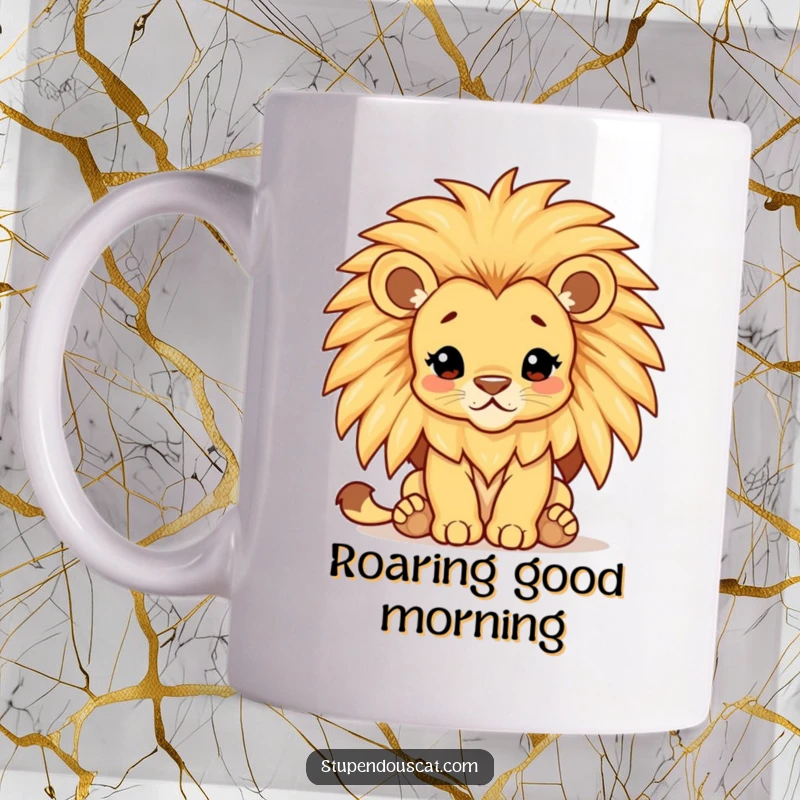 Funny lion cub mug with a comically large, shimmering mane, looking regal yet slightly overwhelmed by its own fabulousness.
