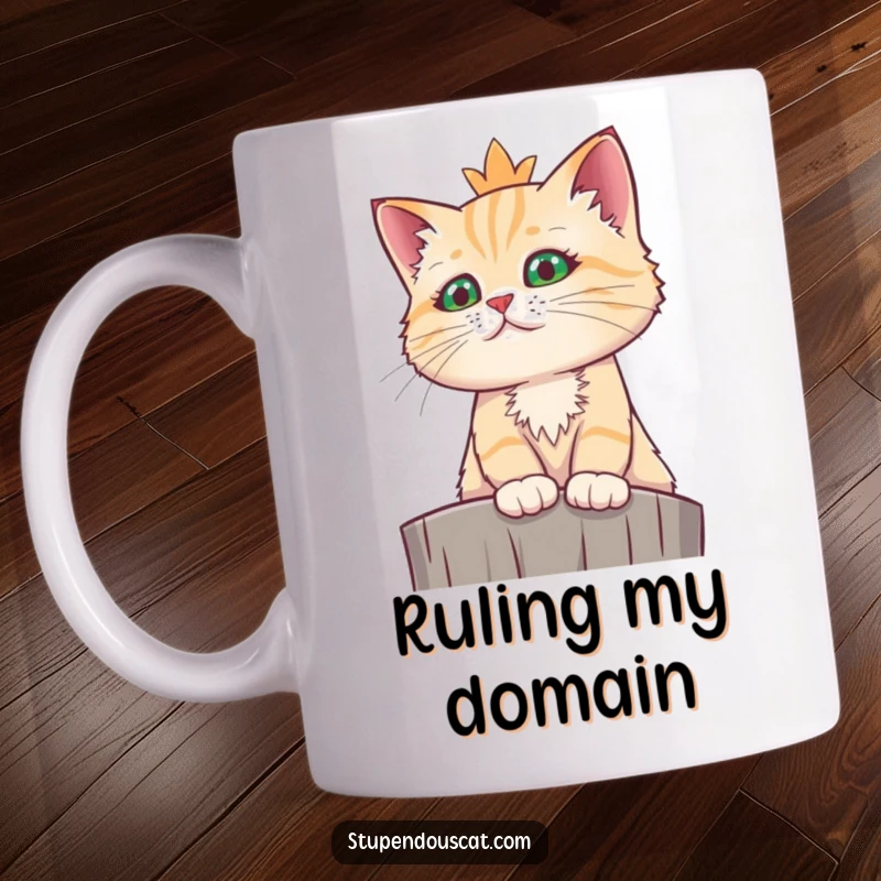 Funny regal cat mug showing a cat looking down with a superior, funny expression from a high perch.
