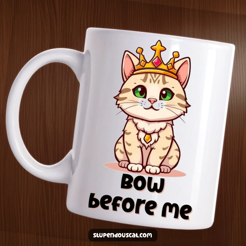 Funny mug with a regal cat adorned in a golden crown, surveying its domain with supreme confidence.