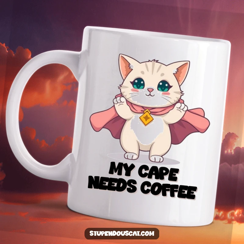 Funny mug featuring a magnificent cat hero dramatically unfurling a majestic cape, ready for action, a truly heroic and funny gift.
