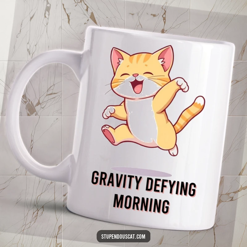 Funny cat mug showing a cat mid-air, performing an incredibly elegant, complex, and athletic jump with precision.