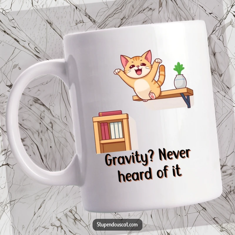 Funny cat mug showcasing a fearless feline mid-air leap from a high shelf, full of energy and personality.