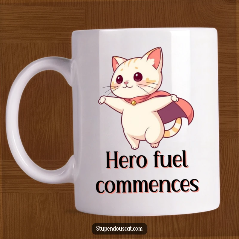 Funny Mug: A cat in a cape dramatically swooping from a high point, embodying heroic action and feline bravery.