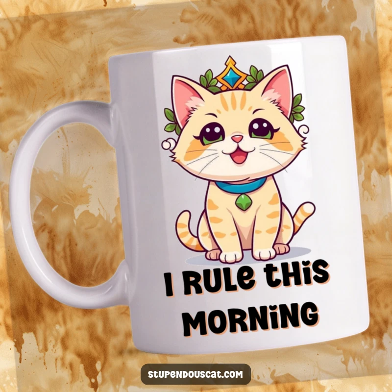 Funny champion cat wearing a laurel wreath, basking in triumphant glory, holding a mug, celebrating victory.
