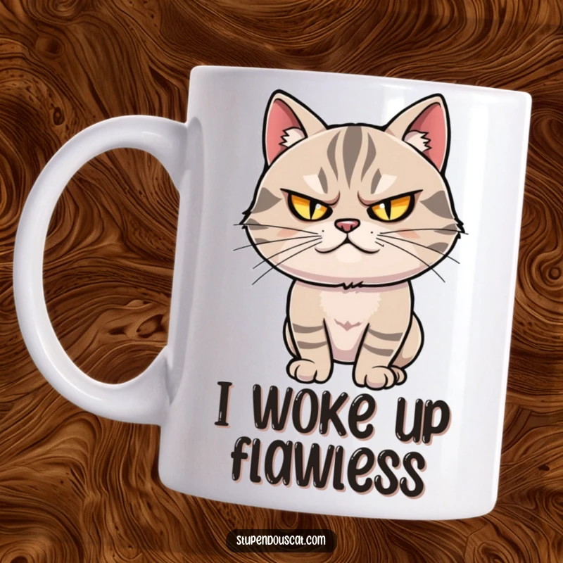 Funny mug: A smug cat with narrowed, twinkling eyes confidently strikes a dramatic pose, exuding self-assurance.