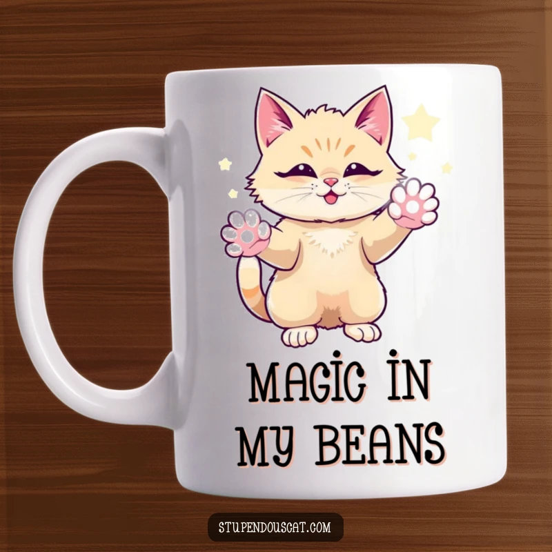 Funny mug with a magical cat conjuring sparkling energy from its paws, radiating an awe-inspiring glow.