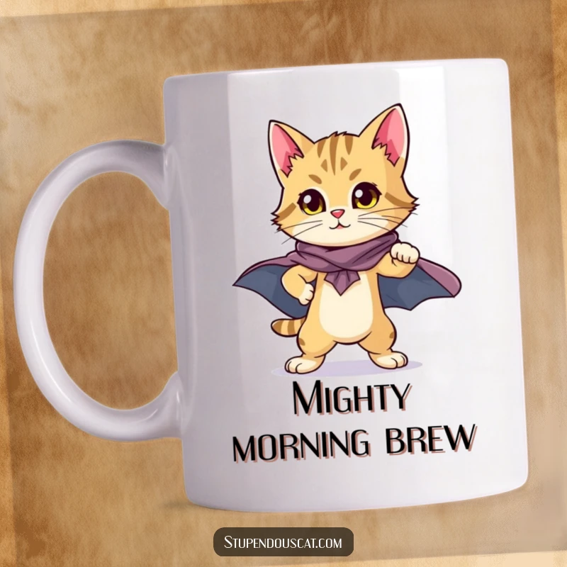 Heroic Cat Cub Cape Mug: A brave cat cub wearing a cape, striking a proud pose, ready to save the day.