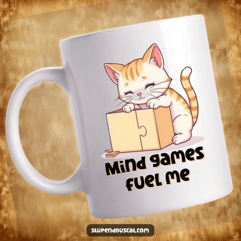 Funny mug featuring a clever cat intently focused on solving a complex puzzle box, showcasing intense curiosity and intelligence.