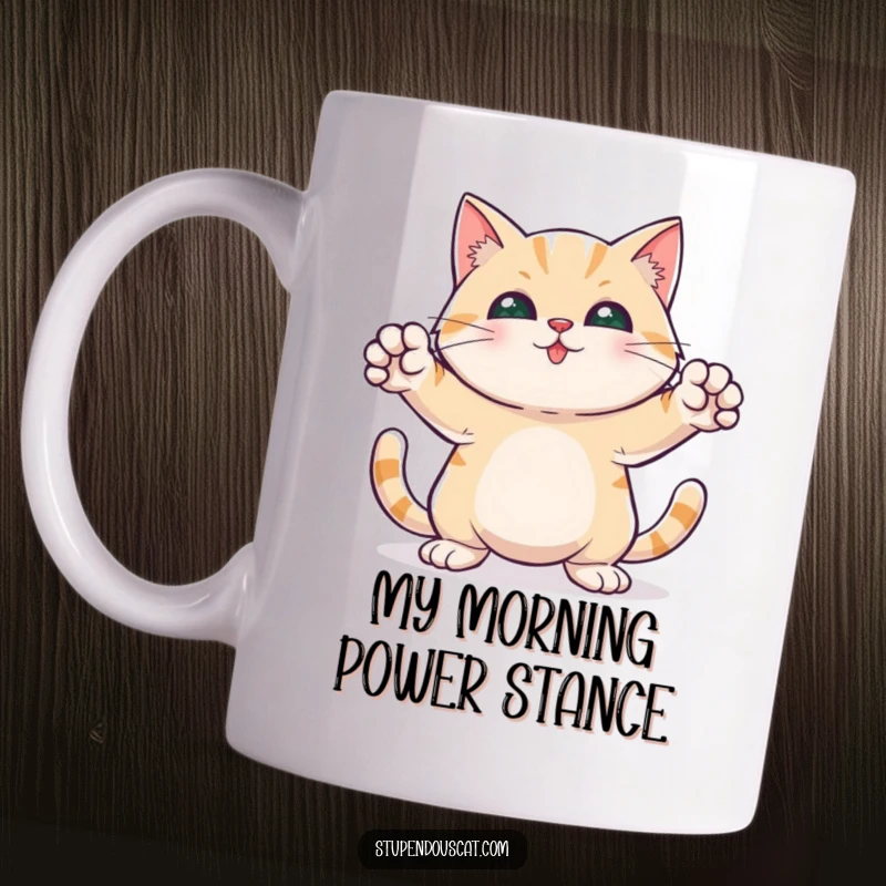 Funny mug showing a cat in a heroic pose, front paws outstretched, exuding bravery and charm.