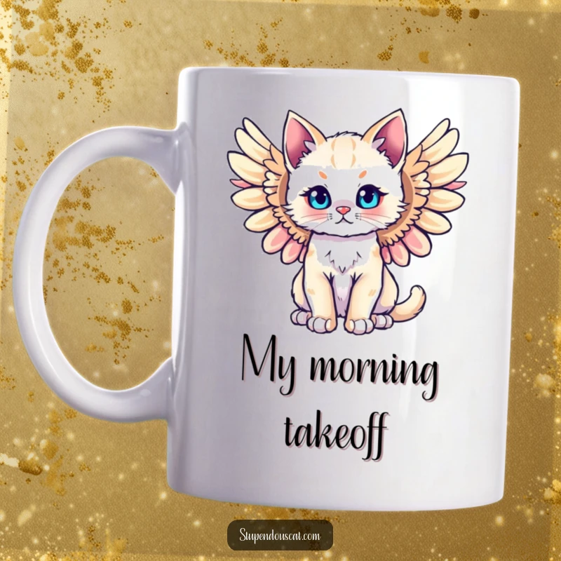 Funny angel cat cub mug with majestic wings spread wide, looking divine and ready for flight. A humorous and heartwarming design.