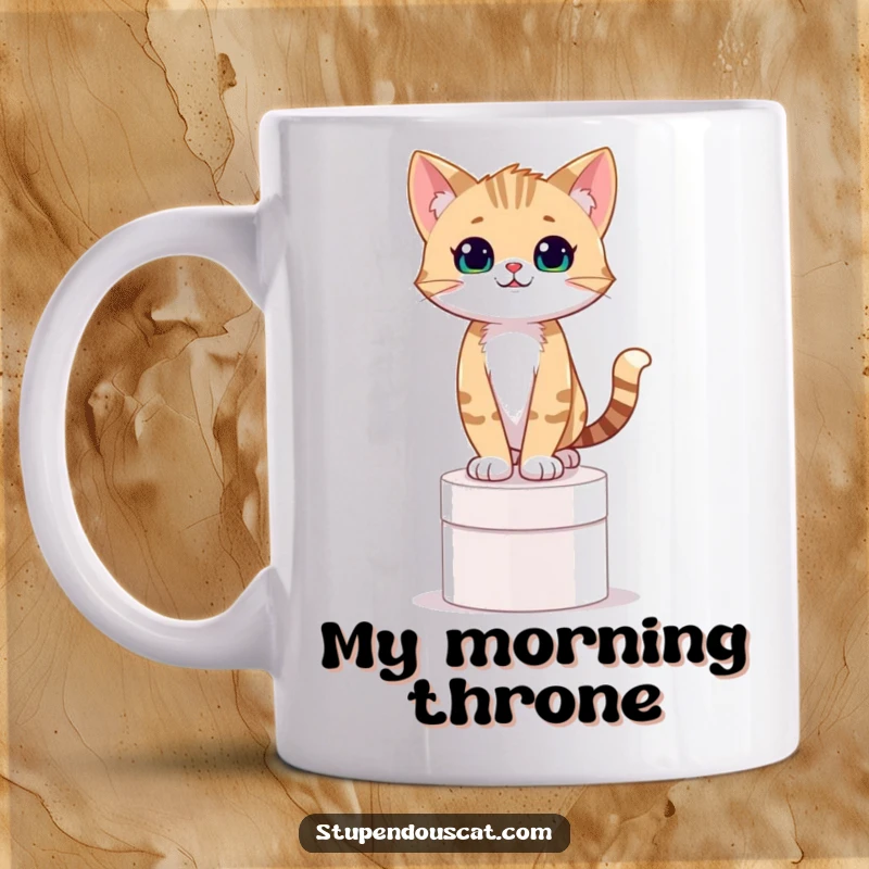 Funny mug featuring a confident cat cub standing proudly on a pedestal, exuding hilarious self-importance.