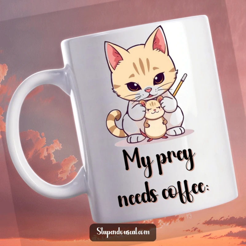 Funny mug showing a valiant cat protectively guarding a small toy mouse, embodying bravery and feline duty, a great funny gift.