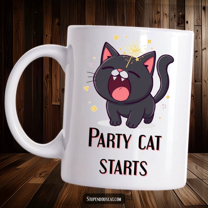 Funny black cat mug, roaring with tiny sparkling fireworks erupting around its head, capturing explosive feline energy.