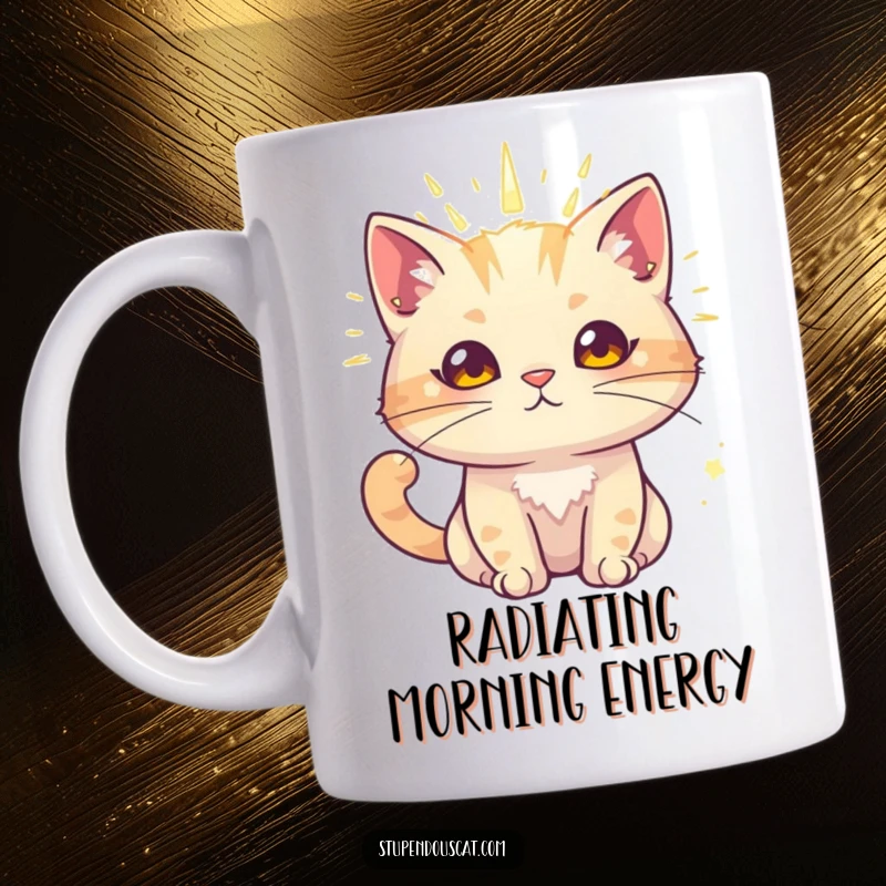 Funny cat mug showing a cat with a radiant aura, exuding powerful and captivating charm.