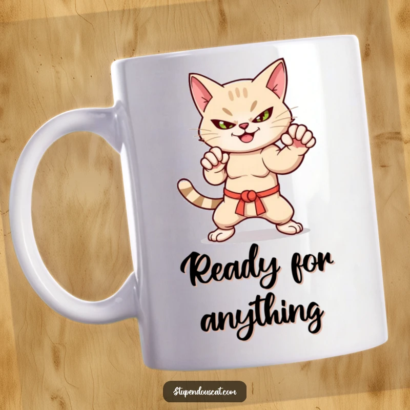 Funny martial arts cat mug with a smirk, striking a dynamic pose, perfect for coffee or tea lovers.